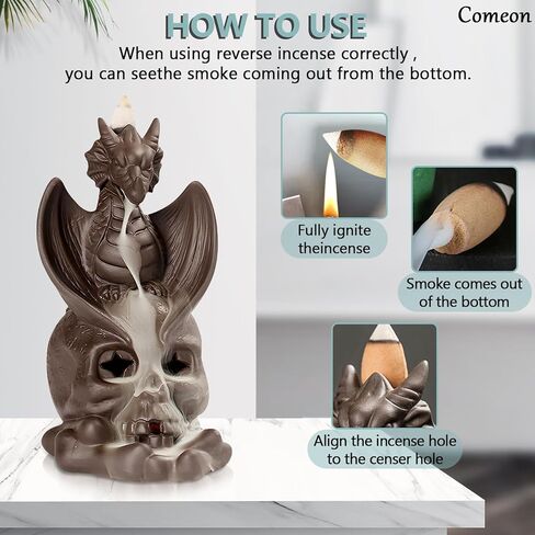 حامل مبخرة بتدفق خلفي من Comeon، حامل بخور سيراميك، مبخرة زن، مبخرة بخور زن، ديكور منزلي رومانسي + 20 مخروط بخور بتدفق خلفي، 30 عصا بخور، ملقط واحد، بساط واحد (تنين) in Kuwait