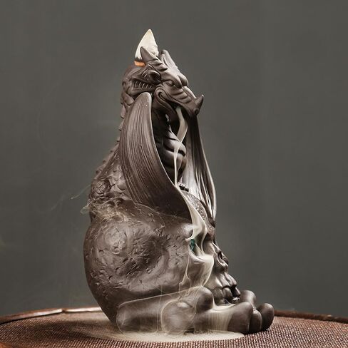 حامل مبخرة بتدفق خلفي من Comeon، حامل بخور سيراميك، مبخرة زن، مبخرة بخور زن، ديكور منزلي رومانسي + 20 مخروط بخور بتدفق خلفي، 30 عصا بخور، ملقط واحد، بساط واحد (تنين) in Kuwait