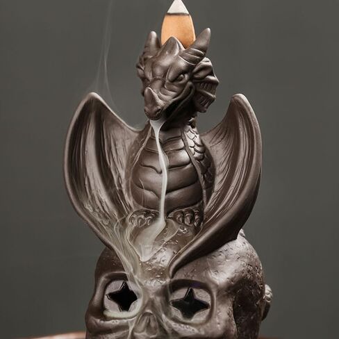 حامل مبخرة بتدفق خلفي من Comeon، حامل بخور سيراميك، مبخرة زن، مبخرة بخور زن، ديكور منزلي رومانسي + 20 مخروط بخور بتدفق خلفي، 30 عصا بخور، ملقط واحد، بساط واحد (تنين) in Kuwait