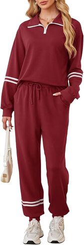 Dokuritu Sweatsuits Women 2 Piece Outfit Half Zip Striped Pullover Tops Long Sweatpants Sweat Set Tracksuit with Pockets in Saudi Arabia