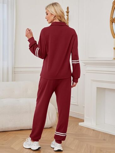 Dokuritu Sweatsuits Women 2 Piece Outfit Half Zip Striped Pullover Tops Long Sweatpants Sweat Set Tracksuit with Pockets in Saudi Arabia
