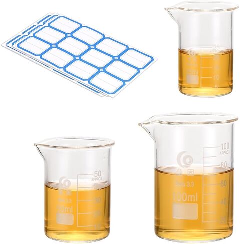 PATIKIL 25/50/100ml Low Form Glass Beaker, 3Pcs 3.3 Borosilicate Glass Beakers Graduated Measuring Cup with Stick Labels for Lab Experiment, Cooking and Baking, Clear in Saudi Arabia