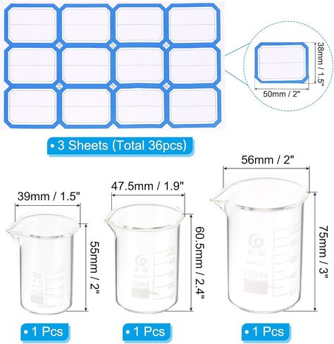 PATIKIL 25/50/100ml Low Form Glass Beaker, 3Pcs 3.3 Borosilicate Glass Beakers Graduated Measuring Cup with Stick Labels for Lab Experiment, Cooking and Baking, Clear in Saudi Arabia