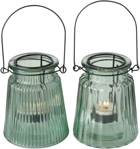 حوامل شموع صغيرة عائمة من Modern Farmhouse، مجموعة مكونة من قطعتين، أجهزة حديدية ريفية، زجاج مطلي باللون الأخضر المريمي، 4.75 بوصة (12 سم) in Kuwait