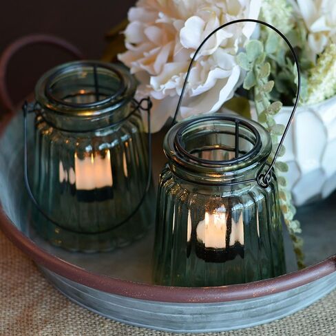حوامل شموع صغيرة عائمة من Modern Farmhouse، مجموعة مكونة من قطعتين، أجهزة حديدية ريفية، زجاج مطلي باللون الأخضر المريمي، 4.75 بوصة (12 سم) in Kuwait