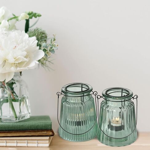 حوامل شموع صغيرة عائمة من Modern Farmhouse، مجموعة مكونة من قطعتين، أجهزة حديدية ريفية، زجاج مطلي باللون الأخضر المريمي، 4.75 بوصة (12 سم) in Kuwait