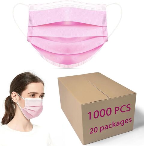 50 Pack Pink Disposable Face Mask for Adults, Solid Pink Breathable 3-Ply Earloop Full Face Protection for Women & Teen Girls in Saudi Arabia