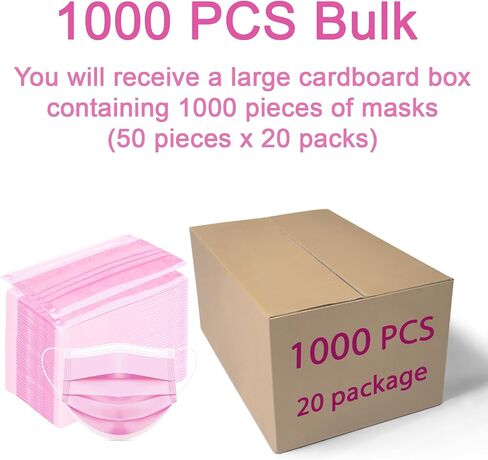 50 Pack Pink Disposable Face Mask for Adults, Solid Pink Breathable 3-Ply Earloop Full Face Protection for Women & Teen Girls in Saudi Arabia
