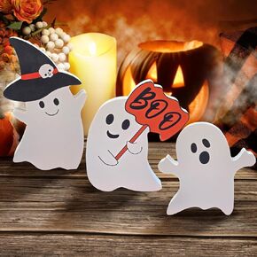 Halloween Ghost Decorations Indoor 3 Pcs White Ghost Wooden Signs for Halloween Table Decor Witch Boo Spider Wood Centerpiece Tabletop for Halloween Party Decoration