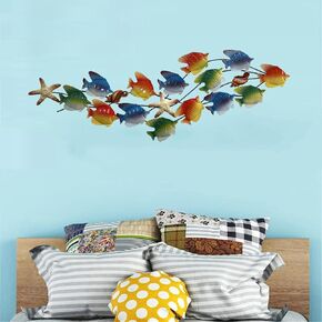 WSNCXFW 3D Metal Fish Wall Decor, 59''X19.6'' Large Nautical Colorful Fish Wall Décor,Coastal Ocean School of 14 Fish Wall Art Sculpture,DIY Coast Decoration,for Living Room Bedroom