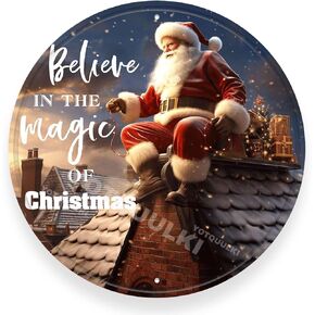 لافتة معدنية دائرية من القصدير لتزيين الحائط الريفي سانتا تؤمن بسحر إكليل عيد الميلاد مناسبة للمنزل والحديقة والمطبخ والمقهى والمطاعم والمرآب ديكور الحائط 12.00 بوصة × 12.00 بوصة in Kuwait