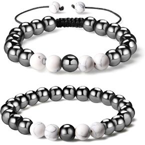 QINJIEJIE Hematite Therapy Bracelet Set Hematite Beads Synthetic Turquoise Frosted stone Malachite Obsidian Tiger's Eye Stone Couple Adjustable and Stretch Bracelets 8mm for Men Women 2 PCS