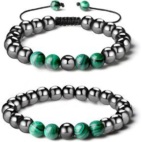 QINJIEJIE الهيماتيت العلاج سوار مجموعة الهيماتيت الخرز الاصطناعية الفيروز حجر بلوري الملاكيت حجر السج عين النمر زوجين أساور قابلة للتعديل وتمتد 8 مم للرجال النساء 2 جهاز كمبيوتر شخصى in Kuwait