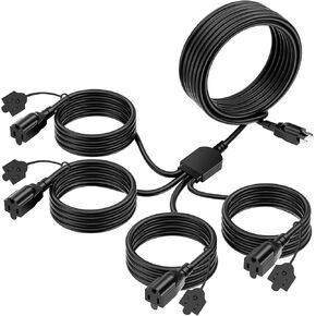 YOTIGER 1 to 4 Splitter Extension Cord, Max 33.3 FT End to End (43 FT Total), 3 Prong Plug with 4 Extended Outlets, 16AWG/3C SJTW Extension Cord Splitter for Outdoor Lights Holiday Decor (Black, UL)