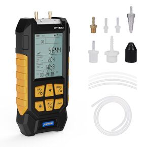 AUTOOL Manometer Gas Pressure Tester, -100 to 300Kpa Digital Manometer HVAC, 11 Units Dual Differential Fieldpiece Manometer, Data Lock & Storage with Magnetic Back, 7 Fittings & Backlit Display
