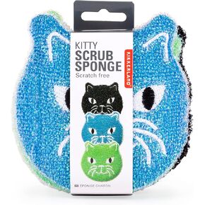 Kikkerland Kitty Cat Scrub Reusable Sponges, for Scrubbing, Cleaning, Dishwashing,Kitchen Scrubbers, Set of 3, Black/Green/Blue