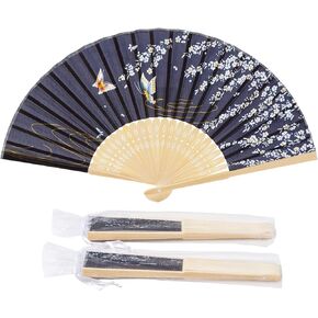 50pcs Black Cherry Blossom Pattern Imitated Silk Fabric Bamboo Folded Chinese Hand Fan Bridal Dancing Props Church Wedding Party Favors White Organza Bags(Q63)