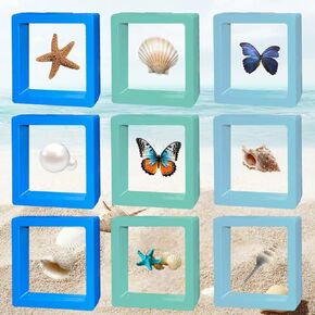 Seashell Display Box,9pcs 3D Floating Frame Display Box, Jewelry Box Display Case Coin Holder Ornament Organizer, Small Travel Jewelry Box Display Case