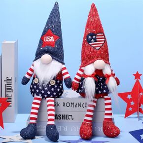 4th of July Gnomes Patriotic Plush Set Decorations for Veterans Day, 2pcs Handmade Table Decor Ornament of Swedish Tomte for Vacation Holidays (Pointed Cap)