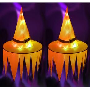 2PCS Hanging Witch Hats with Lights Halloween Decorations Outdoor Indoor Floating Witch Hat Waterproof Halloween Light up Witches Hat for Porch Yard Patio Garden Tree Home Party Supplies, Purple
