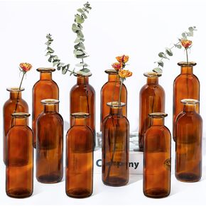 Patelai Brown Glass Vase Bud Vases for Wedding Table Decorations Apothecary Jars Decorative Antique Tall Flower Vase for Centerpiece Bouquets Home Wedding Bridal, 6.3 x 2.2 Inch (12 Pieces)