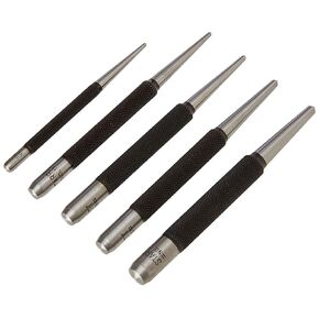 Starrett Steel Center Punch with Round Shank and Knurled Finger Grip - Hardened and Tempered Steel, 0-4-inch Length, 1/16, 5/64, 3/32, 1/8, 5/32 Diameter Tapered Point, 5 Pieces - S117PC