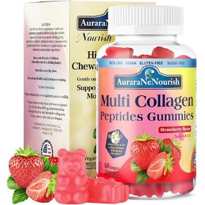 Multi Collagen Peptides Gummies, Sugar Free Hydrolyzed 5000mg Protein丨Type I,II,III,V,X with Biotin Hyaluronic Acid Vitamin C A D B6 B12 L-Glutathione for Skin Hair Nail Joint Bone -Strawberry Gummies