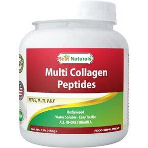 Best Naturals Multiple Collagen Peptides Protein Type I, II III, V & X Collagen unflavored 1 Pound - Grass Fed & Pasture Raised - Water Soluble - Easy to Mix