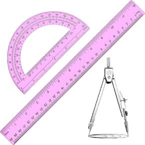 Zonon 3 Pcs Geometric Math Set, Drawing Compass, 6 Inch Protractor and Plastic Clear Ruler Transparent Drawing Supplies for School Classroom Home Office Use(Clear,12 Inch)