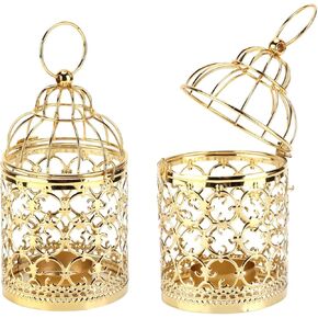2PCS Decorative Bird Cage Candle Holder, Gold Vintage Candlestick Holder Hanging Tealight Small Lanterns Decorative Mini Candle Stand Metal Birdcage Candle Holders for Wedding Party Table Decor