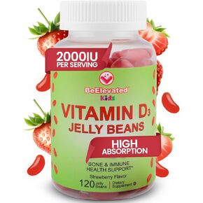 Vitamin D3 Jelly Beans - Chewable Vitamins Gummies for Kids Immune Support - Multivitamin Supplements for Bone & Joint Support - 2,000 IU Vegetarian Gummy - 120 Strawberry Flavor Beans