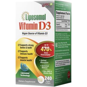 LABO Nutrition Liposomal Vitamin D3, High Potency Vegan-Sourced for Optimal Absorption, Sustained Release, 470% Bioavailable, Boost Immunity, Bone & Brain Health, 240 Days Supply, Non-GMO, Gluten Free