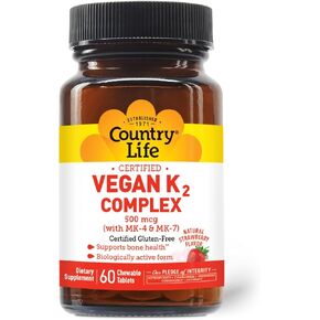 Country Life® Vegan K2-500 mcg, 60 Ct. Chewable Tablets. Strawberry Flavor - Certified Gluten Free - Certified Vegan by AVA – to Support Bone Health