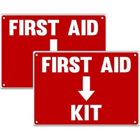 2 Pack First Aid Safety Sign For Emergency Kit, Clear Visible 7" x 10", Easy To Install, Durable Water Resistant for Indoor and Outdoor Use