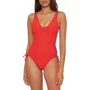 BECCA Women's Modern Edge High-Leg One Piece Swimsuit, Scoop Neck, Bathing Suits