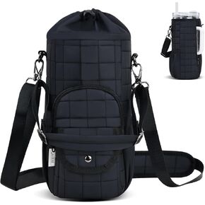 Water Bottle Carrier Bag Insulated with Phone Pocket Quilt Water Bottle Holder Pouch, Daily Use Sling Bag with Adjustable Strap, Large Space for Stanley 40oz Tumbler and Any Other Sports Water Bottle