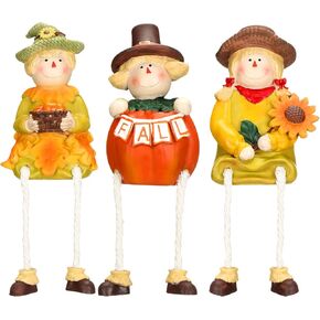 3 Pcs Fall Scarecrow Figurines Thanksgiving Resin Scarecrow Shelf Sitters with Dangling Legs Autumn Harvest Sculpture for Window Sill Kitchen Tabletop Decor Party Supplies