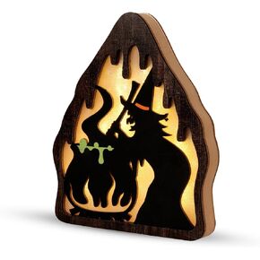 Halloween Decorations Indoor Table Decor: Spooky Wood Witch Cauldron Table Sign with LED Lights, Rustic Farmhouse Halloween Desk Fireplaces Decor for Kids Home School Office Party Supplies