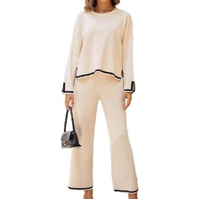 MessBebe Womens 2 Piece Sweatsuit Outfits Knit Sweater Top Wide Leg Pants Lounge Sets Tracksuits Set