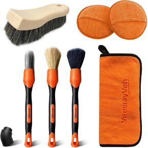 7PCS Car Interior Cleaning Kit with Horse Hair Leather Brush for Car Seat, Carpet Brush and Car Detailing Brush, Microfiber Towel and 2 Wax Applicator Pads for Car Cleaning and Care, Orange