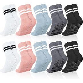 Jspupifip 10 Pairs Pilates Socks with Grips for Women, Pilates Crew Socks Bulk Non Slip Yoga Socks Home Hospital Grippy Socks for Yoga Pilates Barre Workout