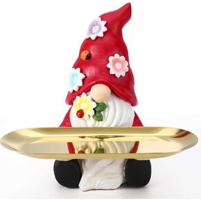Resin Gnome Statue Tray, Decorative Tray Key Holder for Entryway Table, Candy Dish Tray for Keys Watch Earrings Small Object, Christmas Gnome Figurine Gifts for Office Desk Home Decor, Red