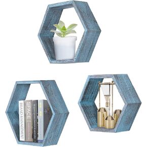 Comfify Rustic Wall Mounted Hexagonal Floating Shelves – Set of 3 Honeycomb Shelves – Screws and Anchors Included - Farmhouse Decor – Honeycomb Wall Décor - Rustic White