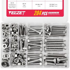 204pcs 1/4-20, 5/16-18, 3/8-16 Hex Cap Bolts Set, Button Head Socket Cap Bolts, Flat Washers Nuts Assortment Kit Machine Screws Set, 304 Stainless Steel