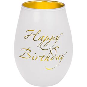 Votive Candle Holder, White and Gold Tealight Candle Holder with Happy Birthday Pattern, Oval Shape Glass Candle Holder for Birthday Party Frosted Tea Light Holder Table Centerpieces