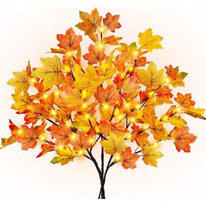 3Pcs Lighted Maple Leaves Branches Fall Decoration, 31.4" Artificial Fall Maple Stems with 60 LEDs 15 Acorns Timer Light Up Fall Branches for Vases Tabletop Home Thanksgiving Decor