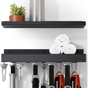 2-Tier Metal Shelf Compatible with Tonal Accessories, Floating Shelf Organizer for Home Gym Storage, T-Locks Adapter Bracket Hanger, Gym Rack Wall Mounted with Hooks, Workout Shelf Holder