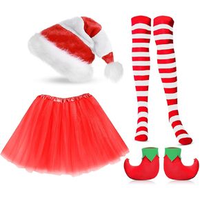 Haysandy Christmas Elf Costumes Set for Women Girls Christmas Santa Hat Tutu Skirt Long Striped Socks Elf Shoes Covers for Xmas Party Cosplay Outfits Accessories