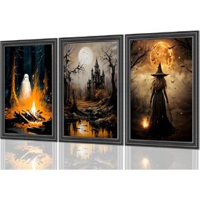 3pcs Halloween Canvas Wall Art Dark Academia Scary Witch Ghost Castle Posters Prints Thriller Horror Gothic Wall Decor Pictures for Halloween Party House Decoration Unframed