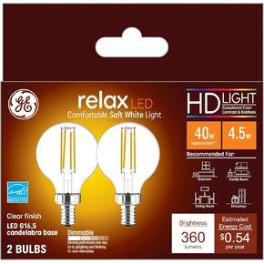 GE Relax LED Light Bulbs, 40 Watt, Soft White, G16.5 Globe Bulbs, Frosted, Small Base (2 Pack)